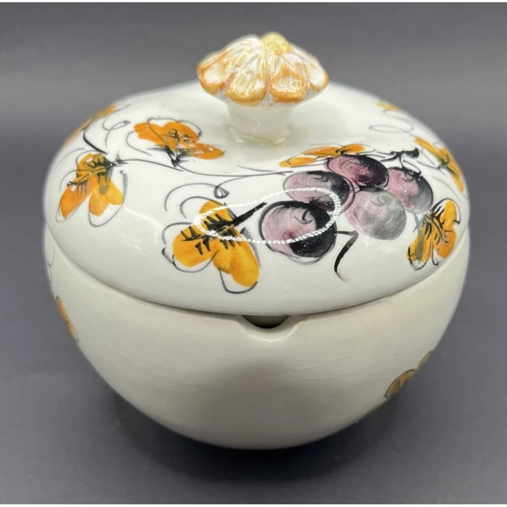 Vtg Italian Apple Shaped Covered Bowl & Saucer Hand Painted Mid-Century